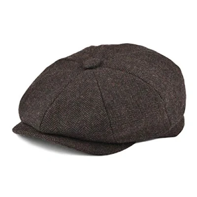 Image of BOTVELA Men&#039;s 8 Piece Wool Blend Newsboy Flat Cap Herringbone Pattern Tweed Hat (Coffee, 7 5/8)