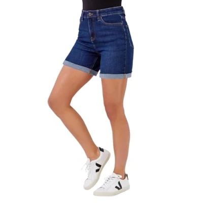 Image of Roman Originals Denim Shorts with Pockets for Women UK Ladies Mom Jeans Boyfriend Boy High Waisted Turned Frayed Hem Stretchy Cotton Casual Slim Skinny Pants Mother Holiday Deep Indigo Size 20