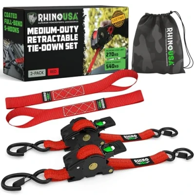 Image of Rhino USA Retractable Ratchet Tie Down Straps (2PK) 540kg Guaranteed Max Break Strength, Includes (2) Ultimate 2.5 cm x 3 m Autoretract Downs with Padded Handles Red