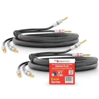 Image of Nakamichi Excel Series 24k Gold Plated Banana Plug with (3 Feet) Speaker Cable Wire 99.9% Oxygen Free Copper (OFC) Heavy Duty Braided In Wall CL2 Rated Black (12AWG / 3ft 0.9m) 2 Pack