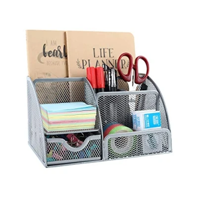 Image of EasyPAG Office Mesh Desk Tidy Versatile Stationery Storage Desktop Organiser Pen Holder with Drawer,Silver