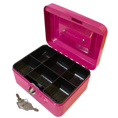 Image of Cathedral Products Key Lockable Cash Box with Lift Out 6 Compartment Coin Tray Inch Pink