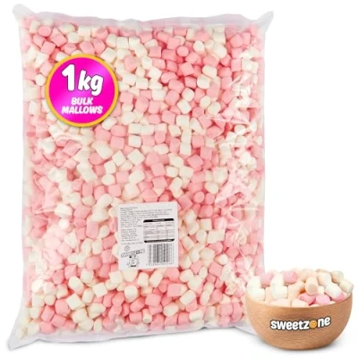 Image of Sweetzone Mini Mallows Pink and White Halal Sweets Bag 1kg Marshmallows, Bulk Sweets, Bulk, Retro Candy for Sweet Bags Marshmallows Hot Chocolate