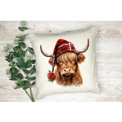 Image of Anonymous Gifting Christmas Watercolour Animals Printed Cushion Cover 40x40cm Linen style Highland Cow 1