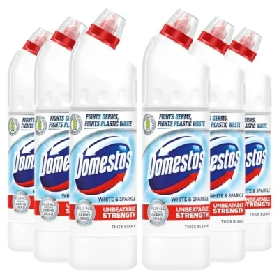 Image of Domestos Thick Bleach White and Sparkle Multi Purpose Disinfectant Anti Bacterial Surface Cleaner Gel Limescale Remover for Toilet, Bathroom Kitchen, 750ml (Buy 6)