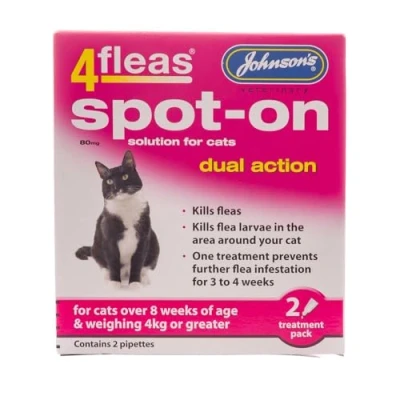Image of JOHNSONS 4FLEAS CAT DUEL ACTION SPOT ON +8 WEEKS ABOVE 4KG WEIGHT (X3 PACKS)