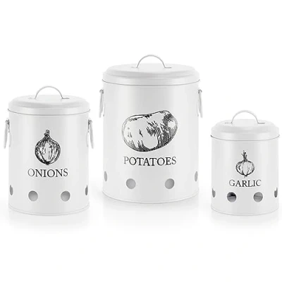 Image of EHC Set of 3 Potato, Onion and Garlic Storage Containers with Lid &amp; Side Handles For kitchen, Long Shelf Life Aerating Tin Holes White