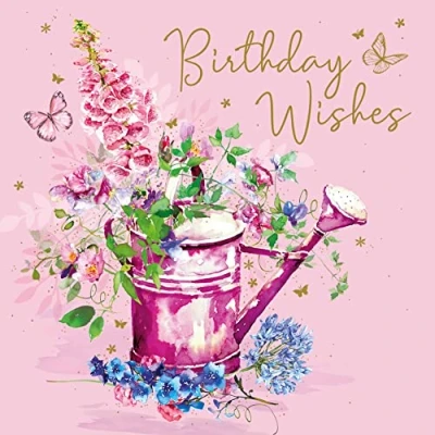 Image of Stunning Ladies Happy Birthday Card Colourful Flowers Watering Can with Pretty Gold Foil Detailing