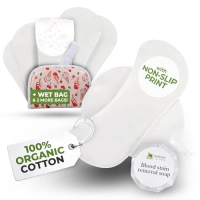Image of Non Slip Reusable Sanitary Pads for Teen Girls (S+M, 6 Pack); High Temp Washable Organic Cotton Cloth Pads; Irritating Towels, Soft Period Comfortable First Care