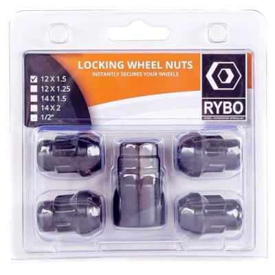 Image of RYBO Set of 4 Alloy Wheel Locking Nuts, Black (M12 x 1.5)