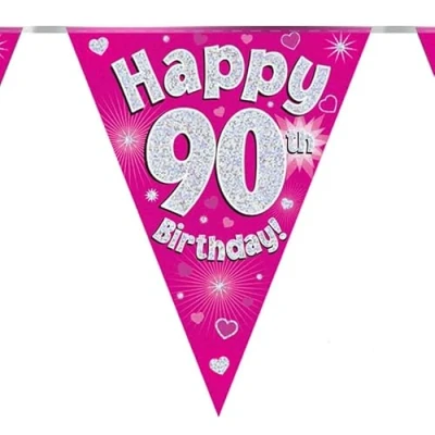 Image of OAKTREE UK 630949 Party Bunting Happy 90th Birthday Pink Holographic 11 Flags 3.9m