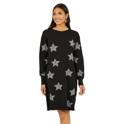 Image of Yumi Womens Black Star Print Relaxed Fit Tunic Dress viscose Size Medium