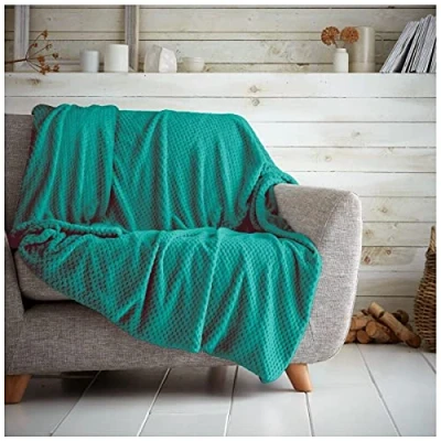 Image of GC GAVENO CAVAILIA Popcorn Sofa Bed Blanket, Snuggle Waffle Throw, Fleece Blankets, Teal, 200X240 Cm