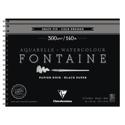 Image of Clairefontaine Ref 975311C Fontaine Cold Pressed Black Watercolour Wirebound Pad (12 Sheets) 24 x 30cm Size, 300gsm Paper Suitable for Artwork