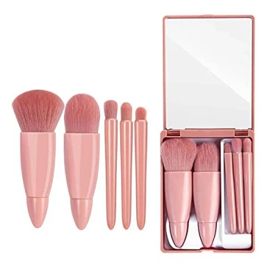 Image of Easy taken Travel Makeup Brush Set, COSHINE 5pcs Mini Complete Function Cosmetic Brushes Kit (5pcs with mirror)