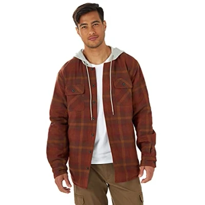 Image of Wrangler Authentics Men&#039;s Long Sleeve Quilted Lined Flannel Shirt Jacket with Hood, Toffee, XXL