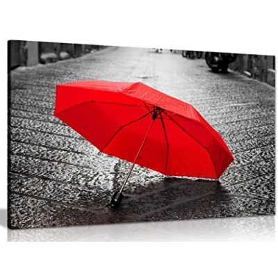 Image of Red Umbrella On Cobblestones Black &amp; White Canvas Wall Art Picture Print (18x12in)