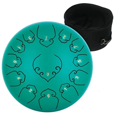 Image of Amkoskr 12 Inches 30cm Steel Tongue Drum C Key 13 Notes Percussion Instrument Hand Pan with Mallets/Carry Bag(Green)