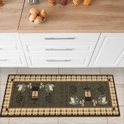 Image of Ottomanson Siesta Collection Kitchen Coffee Cups Design Rubberback Runner Rug, 50 cm x 150 cm, Olive Green