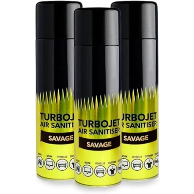 Image of Tara 3 x 500ml Turbojet Car Air Freshener, Savage Sanitiser for Home Office Gym Vehicles Clothing Footwear Quickly Remove Odors (Savage)