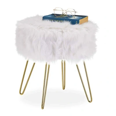 Image of Relaxdays Stool, Faux Fur Round Seat, Elegant Upholstered Pouf, Metal Legs, Modern &amp; Glamorous, HxØ: 40x38cm, White/Gold