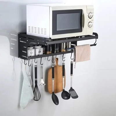 Image of Gluhbirnen Microwave Wall Bracket, Kitchen Shelf, Mounted Oven with 6 Hooks, Black