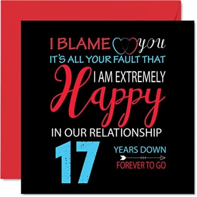 Image of Funny 17th Anniversary Card for Husband Wife Your Fault I&#039;m Extremely Happy Wedding Partner, 145mm x Greeting Cards Seventeenth Anniversaries