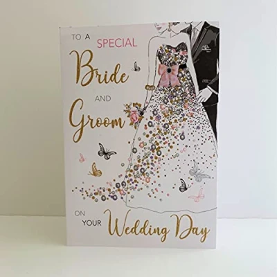 Image of Jonny Javelin Signature Wedding Day Congratulations Card from Bride and Groom, Jewelled Dress Foil &amp; Flitter Finish