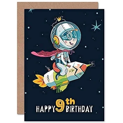 Image of Wee Blue Coo Space Rocket Astronaut Birthday 9th Greetings Card