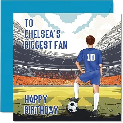 Image of Football Birthday Card for Chelsea Fans Biggest Fan Fun Happy Son Dad Brother Uncle Colleague Friend Cousin, 145mm x Footy Footie Bday Greeting Cards