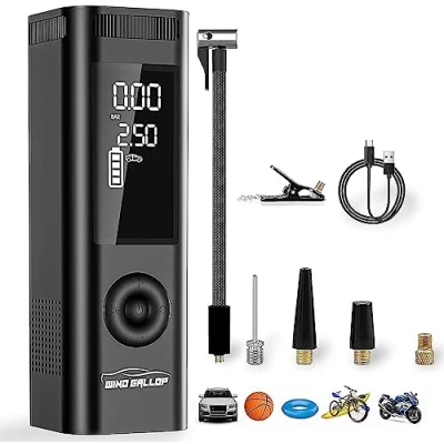 Image of WindGallop Cordless Car Tyre Inflator Air Compressor Pump Auto Off Rechargeable Battery 6000 mAh for Tyres Bike Motorcycle Balls Pressure Gauge LED Light