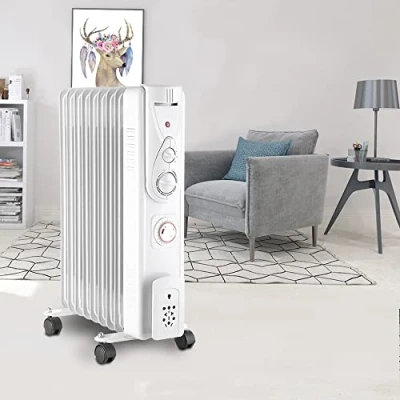 Image of NRG 2KW Oil Filled Radiator 9 Fins Portable Electric Heater Built in Timer Adjustable Thermostat Safety Cut Off White