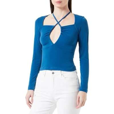 Image of Trendyol Women&#039;s Straight Long Sleeve Slim Blouse, Petrol, XS