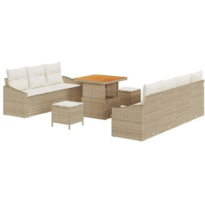 Image of vidaXL 10 Piece Garden Sofa Set with Cushions Beige Poly Rattan Acacia