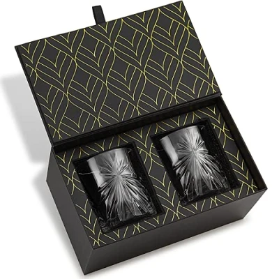 Image of Crystal Whiskey Glasses European Crafted Set of 2 Soleil Glass Tumblers (315 ml) for Scotch, Bourbon, Old Fashioned Cocktails &amp; Drinks Elegant Gold Foil Gift Box