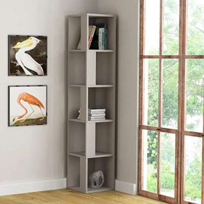 Image of HOCUS PICUS 5 Tier Corner Bookcase with Many Colour Options, 31.4x31.4x158.9 cm, Living Room Furniture, Easy to Assemble, Book Storage, Display Unit (Light Mocha)