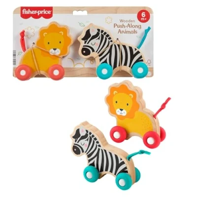 Image of Fisher Price Baby Toys Wooden Push Along Animals, Set of 2 Vehicles with Silicone Wheels for Crawling Play Infants Ages 6+ Months, JFN19