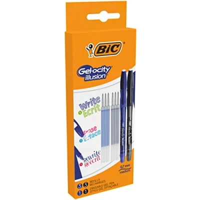 Image of Bic Gel ocity Illusion Erasable Pen Medium Nib (0.7 mm) Blue and Black, Pack of 2 + 6 Refills