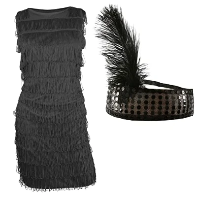 Image of Black Flapper Dress Large Childs Fancy Costume with Fringing Matching Sequin Headband and Feather 1920s Charleston