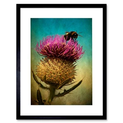 Image of Wee Blue Coo Bumble Bee And Thistle Artwork Framed Wall Art Print 12X16 Inch
