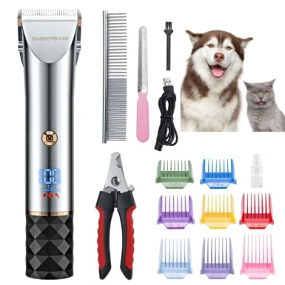 Image of BarberBoss Professional Dog Grooming Kit Low Noise Pet Clipper with 2 Speed Settings, Ceramic Blades, USB Charging, LED Display and 8 Comb Attachments, QR 9081