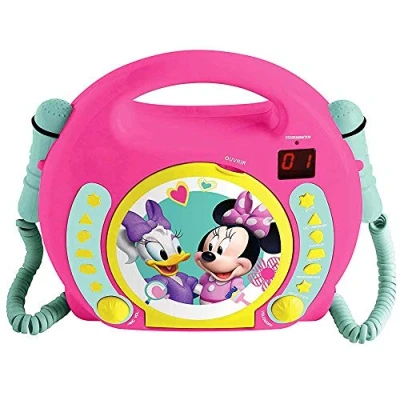 Image of Lexibook Disney Junior Minnie Mouse CD player for kids with 2 toy microphones, headphones jack, batteries, pink, RCDK100MN