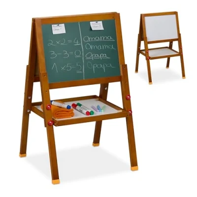 Image of Relaxdays Children&#039;s Easel, Magnetic Board, Height Adjustable, HWD: 77 x 39 44.5 cm, Whiteboard &amp; Chalkboard, Brown, Wood
