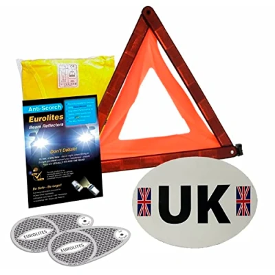 Image of 4 Piece European Motoring Driving Travel Kit Eurolites Headlamp Beam Deflectors Converters Warning Triangle GB Sticker High Visibility Vest (XXL) For Travelling Abroad
