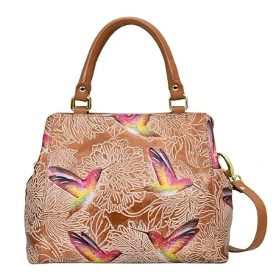 Image of Anuschka Women’s Hand Painted Genuine Leather Multi Compartment Satchel Tooled Birds Tan