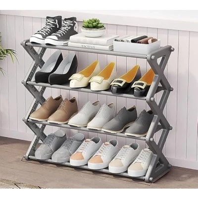 Image of 3 Tier Shoe Rack With Storage Shelf on top Organiser Metal Fits 6 Pairs of Shoes Stackable for Hallway, Living Room, Bedroom Small (Grey)