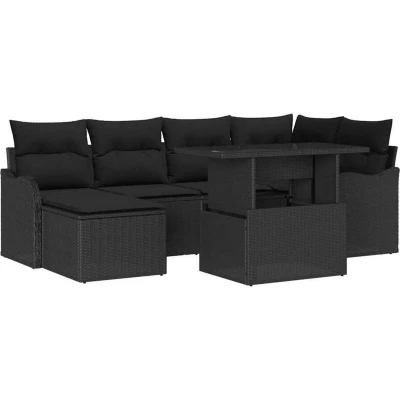 Image of vidaXL 7 Piece Garden Sofa Set with Cushions Black Poly Rattan
