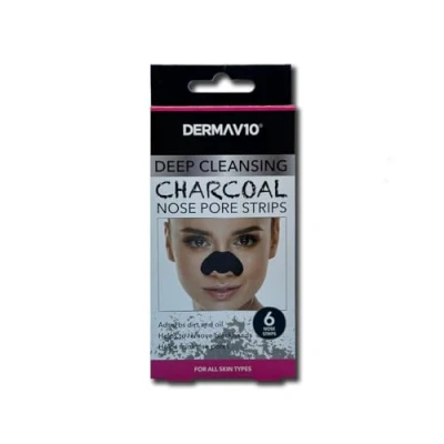Image of Derma V10 Charcoal Nose Pore Strips, Pack Of 6 Unclogs Pores, Removes Blackheads, Deep Cleaning, Draws Out Impurities, Absorbs Dirt And Oil, Enriched With Witch Hazel