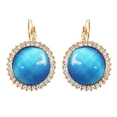 Image of Navachi 18k Gold Plated Circle Blue Opal Crystal Hoop Az1006e Leverback Earrings