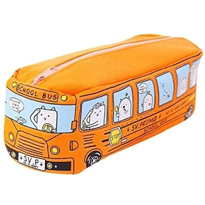 Image of Bus Pencil Case Creative Lovely Student Small Animal Canvas Office Stationery Make Up Pen and Brush Bag Orange